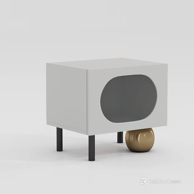 White Modern Nightstand With Oval Gray Window Black Legs And Golden Ball Decor 3d model 