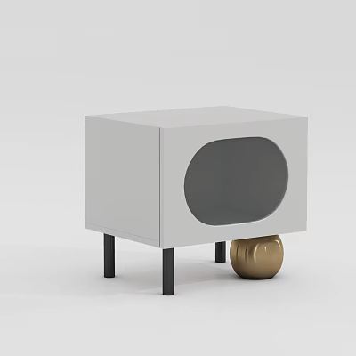 White Modern Nightstand With Oval Gray Window Black Legs And Golden Ball Decor 3d model