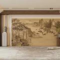 Chinese Style Living Room Interior Wall With Landscape Painting And Wooden Decor
