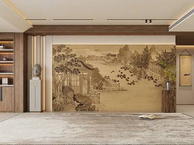 Zen New Chinese Style Sofa Background Wall Song's Aesthetic Background Wall Hard Bag Background Wall Living Room Background Wall Buddha's Head Decoration Skyline Light 3d model