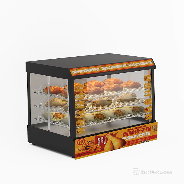 Heated Food Display Cabinet Kitchen Appliance With Various Snacks And Pastries 3d model 