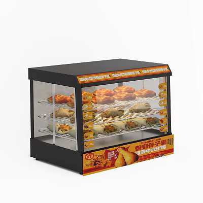 Heated Food Display Cabinet Kitchen Appliance With Various Snacks And Pastries 3d model