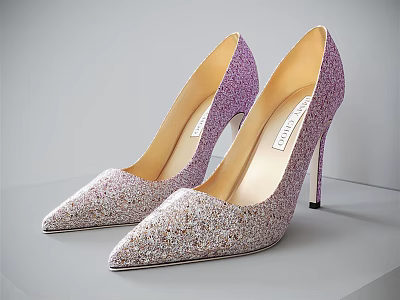 Glittery Purple and Gold Pointed Toe High Heels with Stiletto Heel and Brand Label 3d model