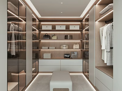 Luxurious Walk-in Closet Interior With Built-in Lighting Shelves Drawers Storage Boxes And Bench 3d model