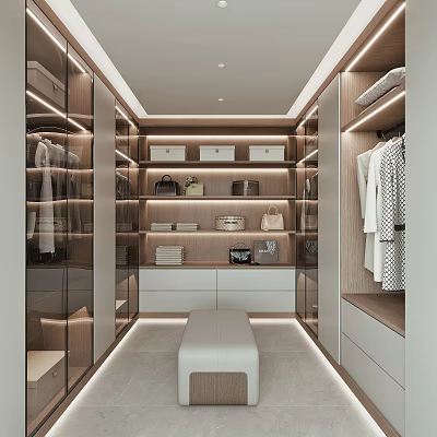 Luxurious Walk-in Closet Interior With Built-in Lighting Shelves Drawers Storage Boxes And Bench 3d model