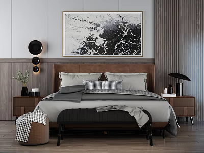 Double Bed with Wooden Headboard Gray Bedding Nightstands and Abstract Painting 3d model