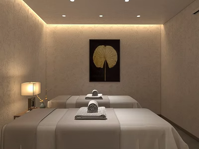 Relaxing Spa Sauna Room with Two Treatment Beds Folded Towels Wall Art and Table Lamp 3d model