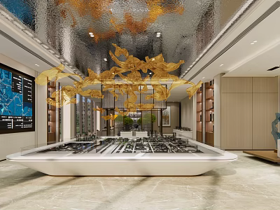 Luxurious Modern Sales Office Featuring Golden Ceiling Decor Sand Table Model And Marble Floor 3d model