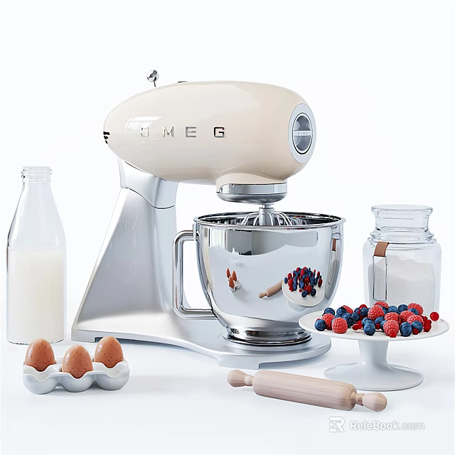 SMEG Stand Mixer with Eggs Berries Milk and Sugar in Modern Kitchen Setup 3d model 