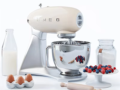 SMEG Stand Mixer with Eggs Berries Milk and Sugar in Modern Kitchen Setup 3d model