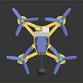 Yellow Blue Drone with Four Propellers Frame White Box and Black Sphere 3d model