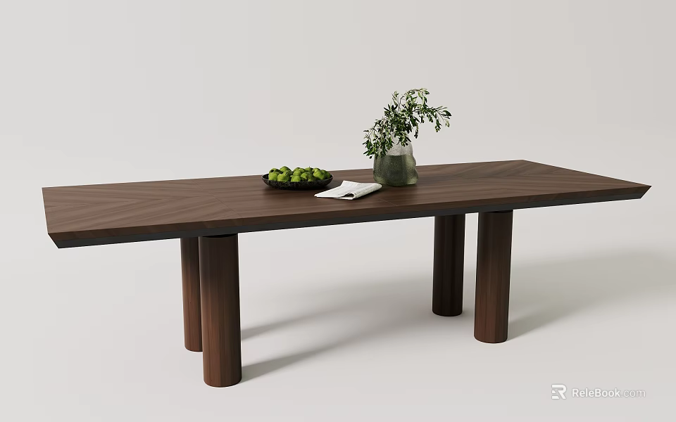 Simple Rectangular Wooden Dining Table With Green Fruit Plate Glass Vase And White Napkin 3d model 