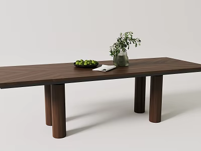Simple Rectangular Wooden Dining Table With Green Fruit Plate Glass Vase And White Napkin 3d model