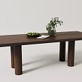 Simple Rectangular Wooden Dining Table With Green Fruit Plate Glass Vase And White Napkin