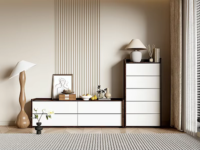 Modern White Entryway Cabinet and Side Cabinet With Drawers Table Lamp Vase And Striped Rug 3d model