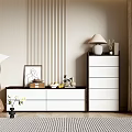 Modern White Entryway Cabinet and Side Cabinet With Drawers Table Lamp Vase And Striped Rug