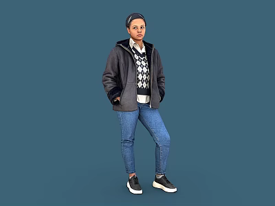 Woman In Black Jacket And Argyle Sweater Standing With Hands In Pockets On Blue Background 3d model