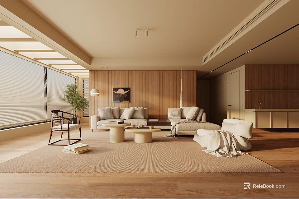 Modern Living Room Interior Design With Wooden Walls Sofa Coffee Tables Carpet And Large Windows 3d model 