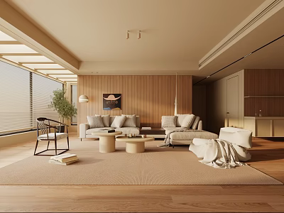 Modern Living Room Interior Design With Wooden Walls Sofa Coffee Tables Carpet And Large Windows 3d model