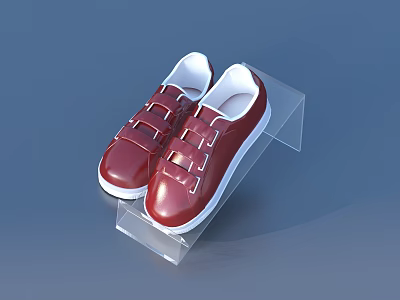 Red Shoes with White Soles on Clear Display Stand against Navy Blue Background 3d model
