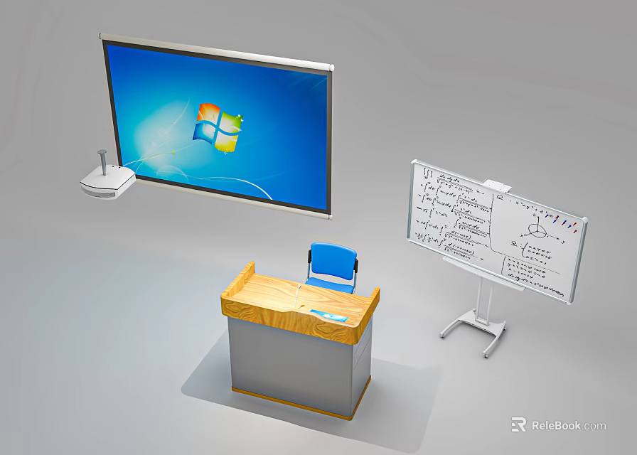 Functional Desk Setup With Large Screen Monitor Blue Chair and Whiteboard Charts Notes 3d model 