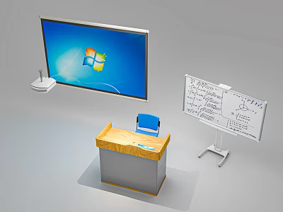 Functional Desk Setup With Large Screen Monitor Blue Chair and Whiteboard Charts Notes 3d model
