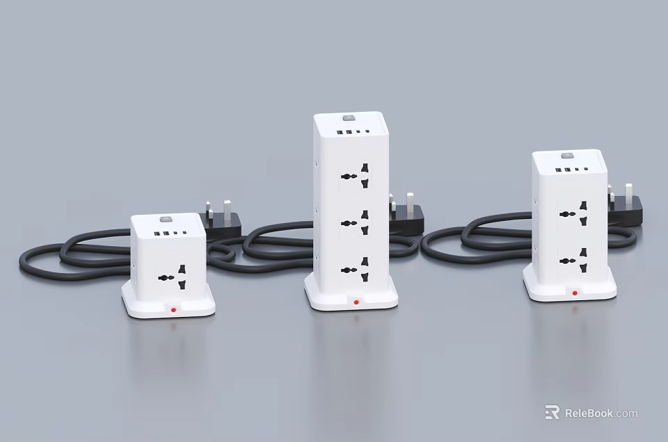 White Switch Panels With Multiple Sockets And Black Wires For Home Use 3d model 