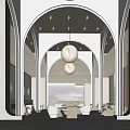Casual Lounge Area Featuring Arched Doorways Wooden Ceiling Hanging White Spherical Lights And White Chairs