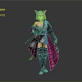 Detailed Anime Cat Ear Warrior Character In Kimono Outfit With Purple Pink Accents And Weapon