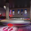 Stylish Red Tablecloth Covered Reception Desk With Receptionist And Large Red Envelope Logo 3d model