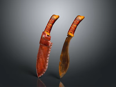 Handcrafted Tactical Knives With Brown Textured Handles Metal Blades And Leather Sheaths 3d model