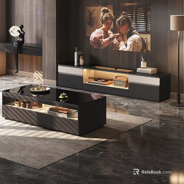 Modern Sleek Black TV Stand With Storage Drawers And LED Lighting In Contemporary Living Room 3d model 