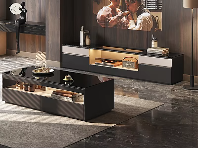 Modern Sleek Black TV Stand With Storage Drawers And LED Lighting In Contemporary Living Room 3d model