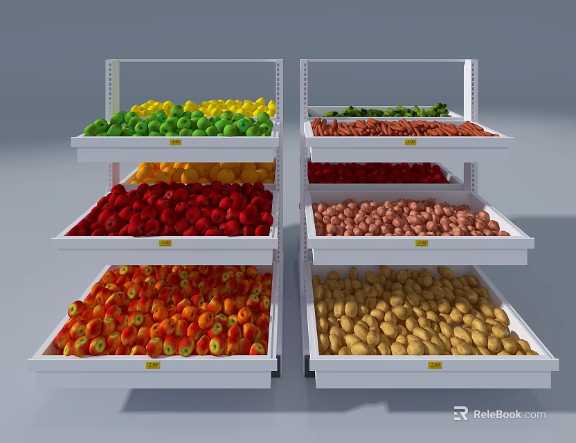 Multi Tier Display Shelves With Organized Fresh Fruits And Vegetables Arrangement 3d model 