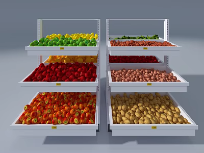 Multi Tier Display Shelves With Organized Fresh Fruits And Vegetables Arrangement 3d model