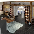 Traditional Modern Interior With Wooden Ceiling Beams Display Shelves Central Table And Black Tiled Floor
