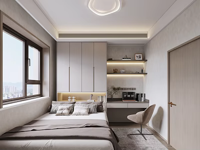 Tatami Bedroom With Minimalist Design Large Window Built in Storage Cabinets Desk And Chair 3d model
