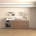 Modern Kitchen Interior With Brown Cabinets White Countertop Gray Oven Wall Shelves and Fruits