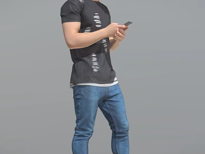 Man Dressed in Black T-shirt and Blue Jeans Holding Smartphone Casually 3d model