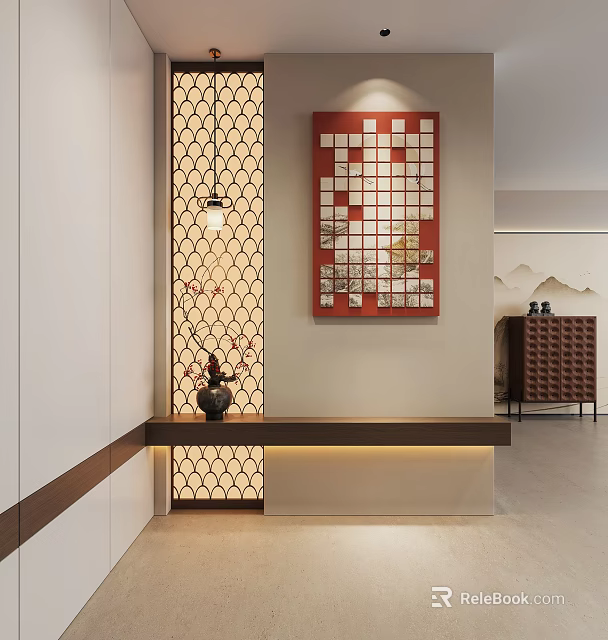 Modern Entryway Design With Red Decorative Painting Pendant Light Wooden Bench And Lattice Wall 3d model 