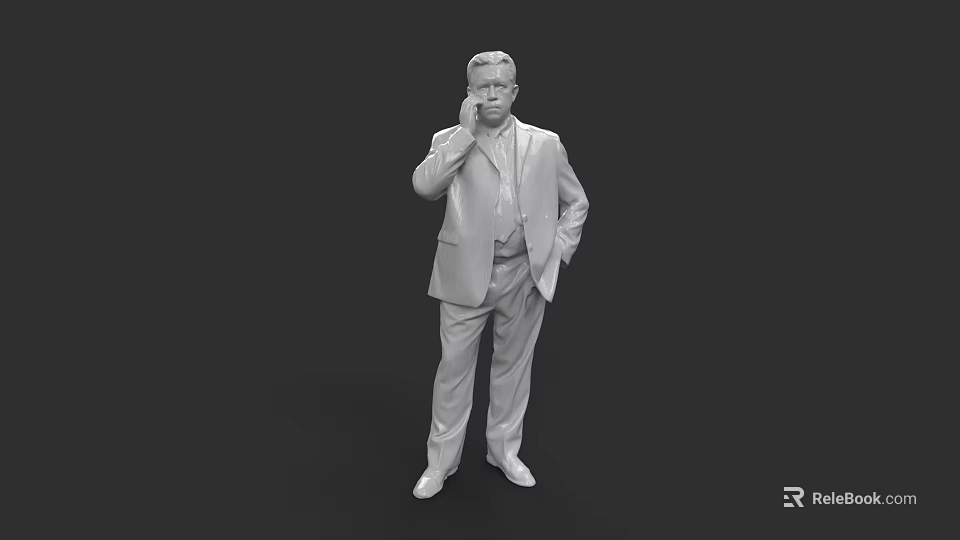 Man in Formal Suit with Hand Near Ear and Other Hand in Pocket 3d model 