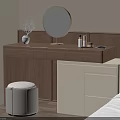 Modern Wooden Dressing Table in Bedroom with Round Mirror White Stool Cosmetics and Storage Cabinet