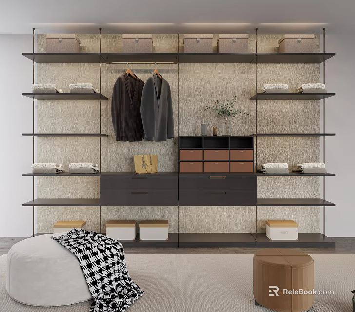 Modern Open Closet Design With Hanging Clothes Shelves Storage Boxes And Decorative Plant 3d model 