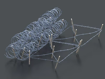 Protective Building Exterior Wall With Coiled Barbed Wire And Wooden Support Poles 3d model
