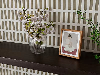 Transparent Vase with Pink Cherry Blossom Flowers on Dark Wooden Shelf Against White Lattice Wall 3d model