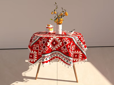 Dining Table With Red And White Geometric Patterned Tablecloth Tassels White Vase And Yellow Flowers 3d model