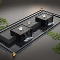 Modern Outdoor Water Fountain With Square Structure Waterfalls Lush Green Plants And Decorative Lanterns