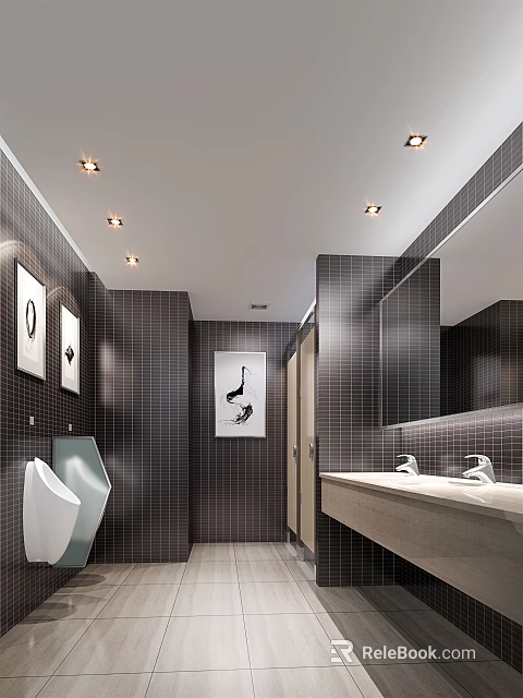 Public Restroom Interior With Dark Tiled Walls Decorative Artworks Urinals Washbasins And Mirrors 3d model 