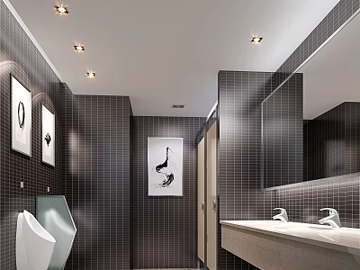 Public Restroom Interior With Dark Tiled Walls Decorative Artworks Urinals Washbasins And Mirrors 3d model
