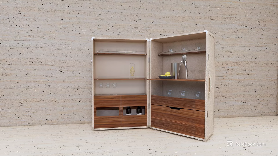 Elegant Modern Wine Cabinet Interior With Glass Shelves And Wooden Drawers 3d model 